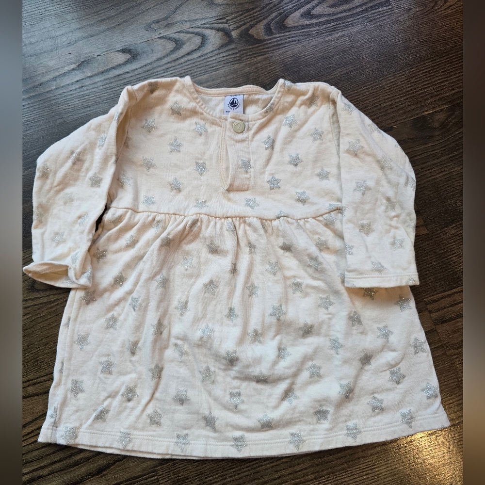 Petit Bateau Cream Long Sleeve Dress with Sparkly Star Pattern Size 24M